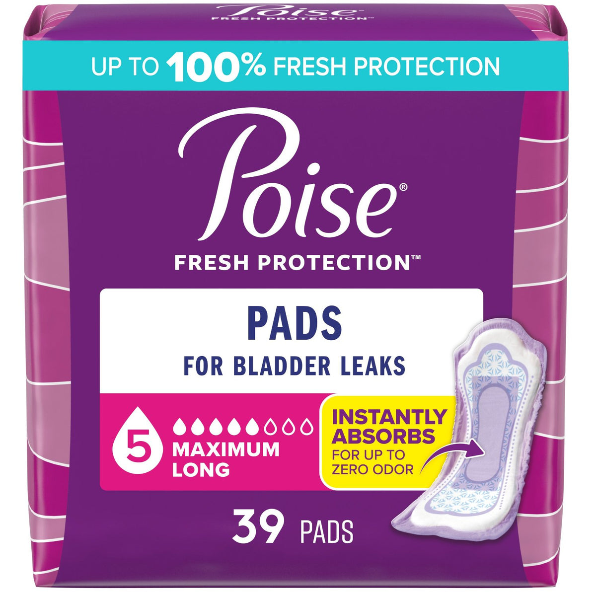Pose Incontinence Pads & Postpartum Incontinence Pads, 5 Drop Maximum Absorbency, Long Length, 39 Count - Incontinence/Single Use - Poise