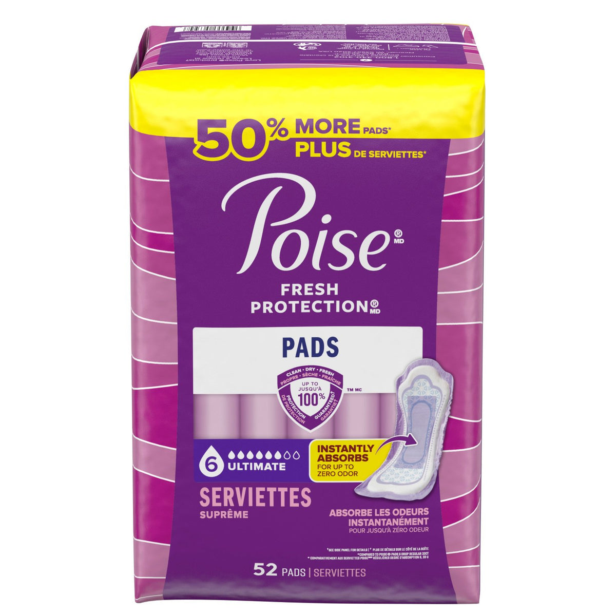 Poise Incontinence Pads , 6 Drop Ultimate Absorbency, Regular Length, 52 Count - Incontinence/Continence Products - Poise